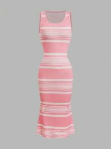 Ladies' Ribbed Color Blocked Slim Fit Vest, Elegant Round Neck Sleeveless Spring/Summer Dress Suitable For Spring/Summer/Autumn - Baby Pink - View 5