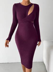 Chiquease 女士纯色镂空性感长袖毛衣连衣裙 - 紫色 - 查看 4