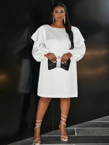 Slaydiva Vestido Midi de Cetim Branco Solto de Manga Lanterna Elegante e Apropriado para Festas, Encontros e Reuniões, Para Mulheres Plus Size, Primavera Outono - Branco - Visão 4