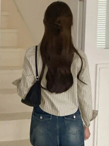 DAZY Women's Striped Form-Fitting Cropped Long Sleeve Shirt, Beige, Spring/Autumn,Fall Women Clothes