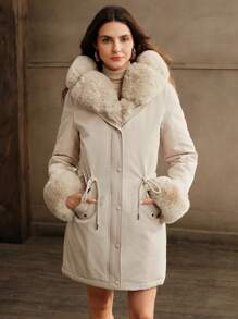 Anewsta Thick Long Fluffy Fur Collar Quilted Lined Cinched Waist Parka Coat, Women's Padded Outerwear - Beige - View 4