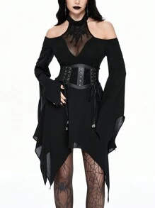 ROMWE Gothic Mesh Embroidered Off-Shoulder Puff Sleeve Asymmetrical Hem Ladies Dress - Black - View 4