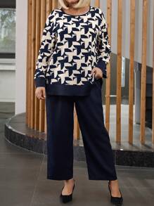 EMERY ROSE Bộ 2 áo sơ mi họa tiết hình học cỡ lớn cho nữ và quần xanh - Màu xanh lam - Xem 2