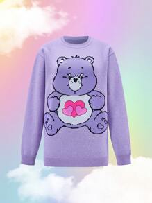 SHEIN X Care Bears Women's Cute Cartoon Bear Pattern Drop Shoulder Loose Sweater,Good Luck Bear For Winter And Fall - Purple - View 5