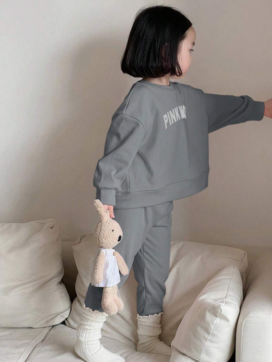 Dazy Kids 两件套女童圆领针织抓绒字母印花卫衣和裤子，秋季套装，冬季 - 灰色 - 查看 1