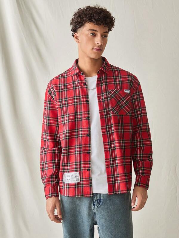 Manfinity VCAY Men's Casual Loose Plaid Long Sleeve Woven Shirt Flannel Shirt