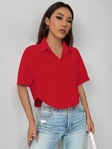 Chiquease Women's Solid Color Pocket Short Sleeve Cropped Casual Shirt, Summer For New Year Clothes,Short Sleeve Tops