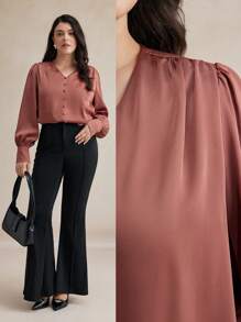 Maija Blusa informal de manga larga con botones delanteros, cuello en V y unicolor, para atuendos de mujer de talla grande en otoño e invierno
