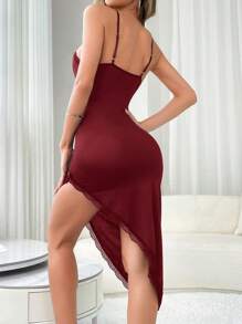 Women's Burgundy Casual Knitted Slip Dress With Spaghetti Strap Midi Length And Lace Trim Detail - Burgundy - View 2