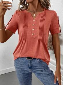 SHEIN LUNE V-Ausschnitt Knopfverschluss Lässig Regular Kurzarm T-Shirt - Rot - Übersicht 7