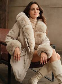 Anewsta Thick Long Fluffy Fur Collar Quilted Lined Cinched Waist Parka Coat, Women's Padded Outerwear - Beige - View 7