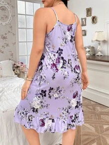 大码女式花卉印花和荷叶边下摆吊带睡袍