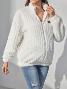 SHEIN Maternity Drop Shoulder Letter Patched Teddy Jacket, Winter - White - View 3