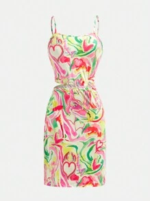 Teenage Girls Casual Colorful Graffiti Random Print Strap Dress - Multicolor - View 1