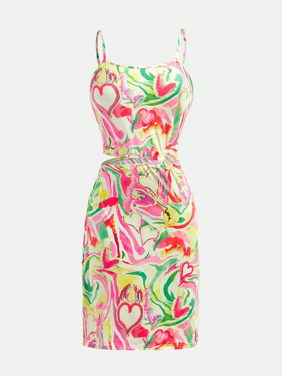 Teenage Girls Casual Colorful Graffiti Random Print Strap Dress - Multicolor - View 1