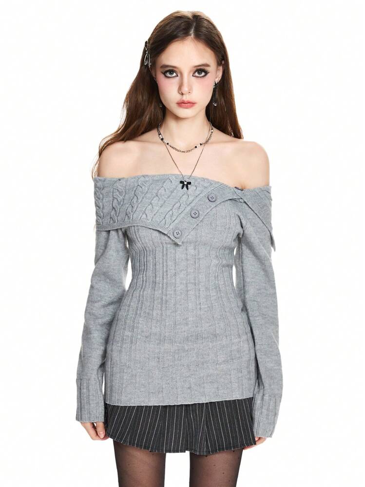 ROMWE Y2K スタイル レディース オフショルダー リブ編み クロップドセーター 長袖トップス - グレー - 見る 7