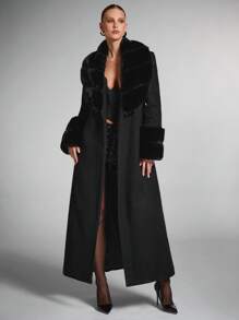 SHEIN BAE Women's Solid Color Fluffy Shawl Collar Long Sleeve Long Elegant Wool Blend Coat, Vintage Coat Winter Fall Women Clothes Customs Women Concert Outfits Winter Women Clothes Fur Coat Stylish And Warm, Suitable For Parties And Outings  In Fall/Winter - Black - View 6