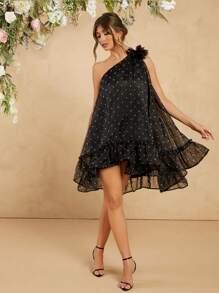 L'Amorae Abito con spalle scoperte a pois con fiore staccabile