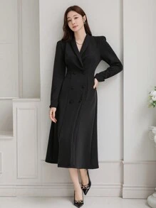 DAZY 女士优雅纯色翻领长袖商务连衣裙、返校服、秋季连衣裙 - 黑色 - 查看 8