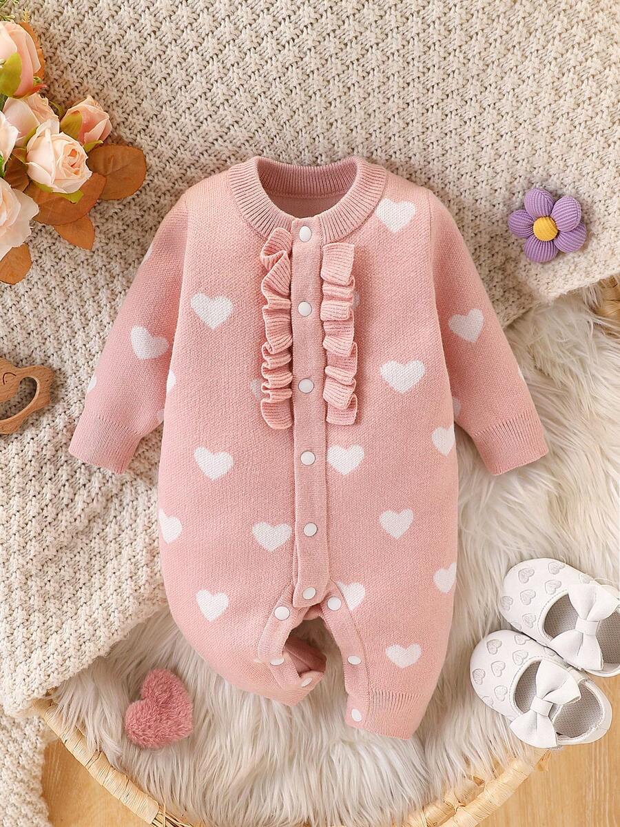 Mono de punto con volantes y diseño de corazón, mono de punto elegante y sencillo para bebés niñas - Rosa vieja - Ver 1