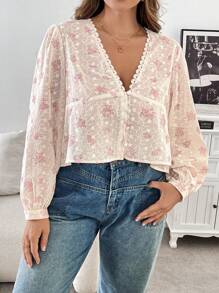 SHEIN Frenchy Plus Size Women Floral Contrast Lace V-Neck Long Sleeve Ruffle Blouse