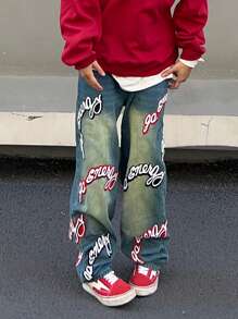 Manfinity EMRG Men Letter Graphic Straight Leg Jeans Hang Out Street College Going Out - Light Wash - View 5