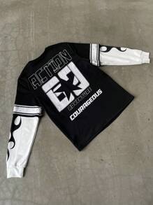PAVTROS Moletom masculino de cor sólida com patchwork, manga longa, estampa de letras, casual, para sair, uso na rua, gola redonda, gráfico, bloco de cores, para amigos, marido, presentes para namorado - Preto e Branco - Ver 2