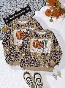 Tween Girl Leopard Print & Glitter Pumpkin Christmas Graphic Pullover Sweatshirt, Autumn/Winter, For Halloween Party