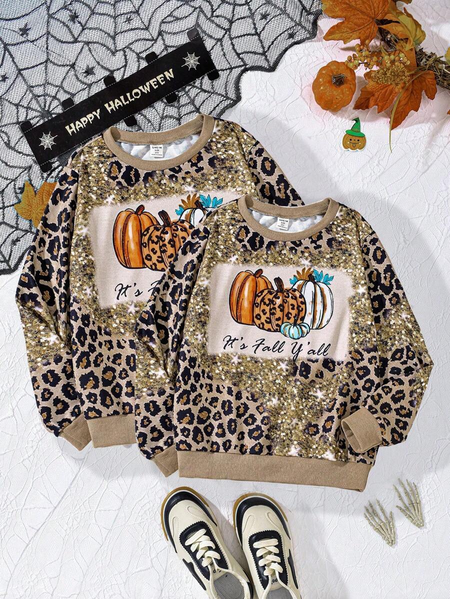 Tween Girl Leopard Print & Glitter Pumpkin Christmas Graphic Pullover Sweatshirt, Autumn/Winter, For Halloween Party