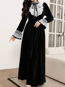 Modelyn Women's Elegant Velvet Dress With Lace Embroidery Patchwork, Princess Style Maxi Women Outfit Long Evening Dresses Fall Cloth For Women - Black - View 4