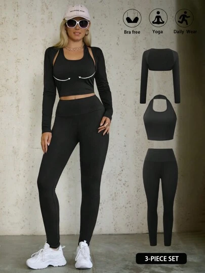 Hanevo 4 件套女士时尚瑜伽服、长袖披肩上衣、带衬垫胸罩的吊带背心和紧身裤