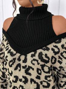 Celure Plus Size Women's Leopard Print Off Shoulder Long Sleeve Loose Straight Sweater Dress, Autumn/Winter