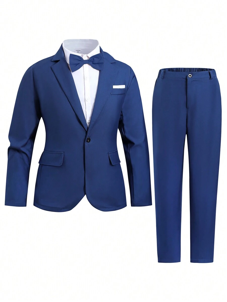 SHEIN Bộ 2 quần áo vest và quần dài thường ngày sang trọng cho bé trai tuổi teen, tiệc cưới, trở lại trường, thích hợp cho sinh nhật, đám cưới, tốt nghiệp, giáng sinh, halloween - Màu xanh lam - Xem 1