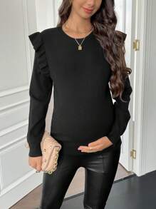 SHEIN Pregnant Women Solid Color Crew Neck Long Sleeve Patchwork Ruffle Casual Sweater, Fall/Winter, For Maternity - Black - View 1