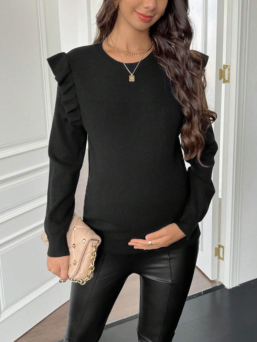 SHEIN Pregnant Women Solid Color Crew Neck Long Sleeve Patchwork Ruffle Casual Sweater, Fall/Winter, For Maternity - Black - View 1