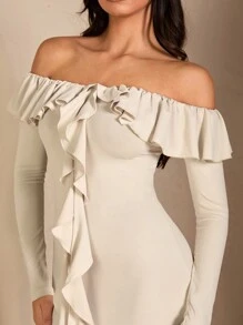 SHEIN BAE 女士荷叶边露肩长袖浪漫甜美舞会派对海滩度假性感连衣裙、长袖短款上衣、俱乐部女士服装 - 卡其色 - 查看 6