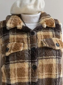SHEIN EZwear Chaqueta con botones de forro polar a cuadros para mujer talla grande, ropa de otoño e invierno