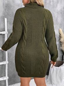 EMERY ROSE Plus Size Turtleneck Long Sleeve Cable Knit Sweater Dress - Army Green - View 2