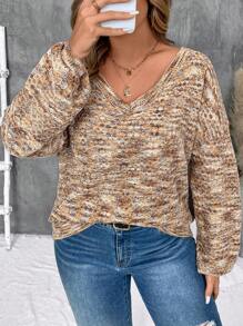 SHEIN LUNE Plus Size Casual V-Neck Gradient Pullover Sweaterbusiness Casual Woman,Holiday Outfits,Country Tops - Multicolor - View 1
