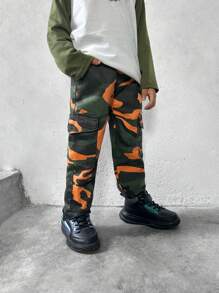 Young Boy Retro Neon Camo Casual Comfortable Washed Denim Jeans, Street Fashion Denim Pants - Army Green - View 4