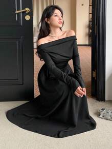 DAZY 女士优雅露肩收腰长袖纯色连衣裙，秋季，生日舞会礼服，秋季女装 - 米色 - 查看 7