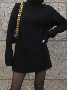 DAZY Váy len ngắn rộng rãi cổ cao cho nữ - màu đen - Xem 9