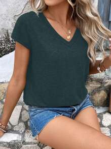 SHEIN LUNE 女士夏季纯色 V 领短袖休闲 T 恤 - 藏蓝色 - 查看 4