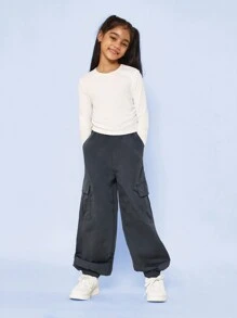 SUMWON Tween 女孩长袖衬衫和褶饰工装裤两件套 - 灰色 - 查看 1