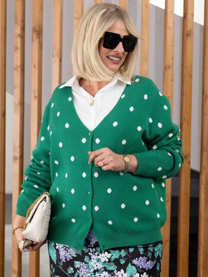 EMERY ROSE Plus Size Women's Dot Patterned Drop Shoulder Long Sleeve Jacquard Knit Cardigan Sweater, Fall/Winter