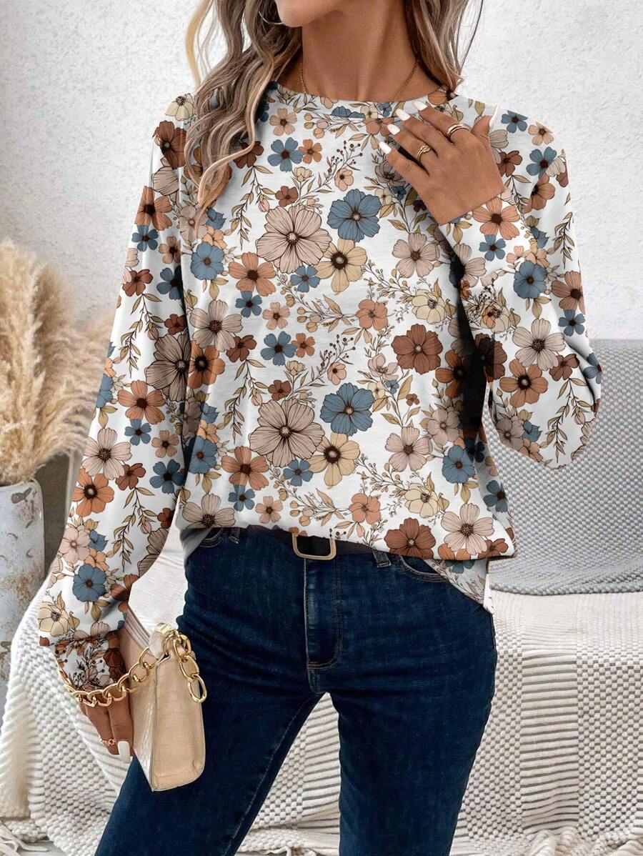 EMERY ROSE Tricou casual de damă vintage cu gât rotund cu mânecă lungă, haine de toamnă pentru femei, femei casual de afaceri - alb - Vizualizare 1
