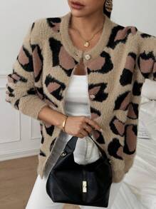 Chiquease Áo Cardigan nữ tay dài rộng rãi họa tiết da báo thu đông - Màu Khaki - Xem 5