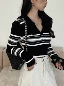 DAZY Women's Striped Collared Long Sleeve Business Casual Pullover Sweater