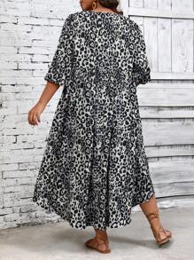 SHEIN LUNE Vestido de manga larga con escote en V y estampado de leopardo para tallas grandes - Multicolor - Ver 2