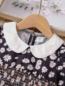 Young Girl' Cute Floral Print Ruffle Collar Lantern Sleeve Dress, Spring/Fall - Black - View 3